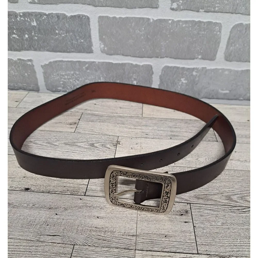 Vintage Genuine Leather Wstern Brown Square Silver Tone Buckle Belt‎ Size M/L